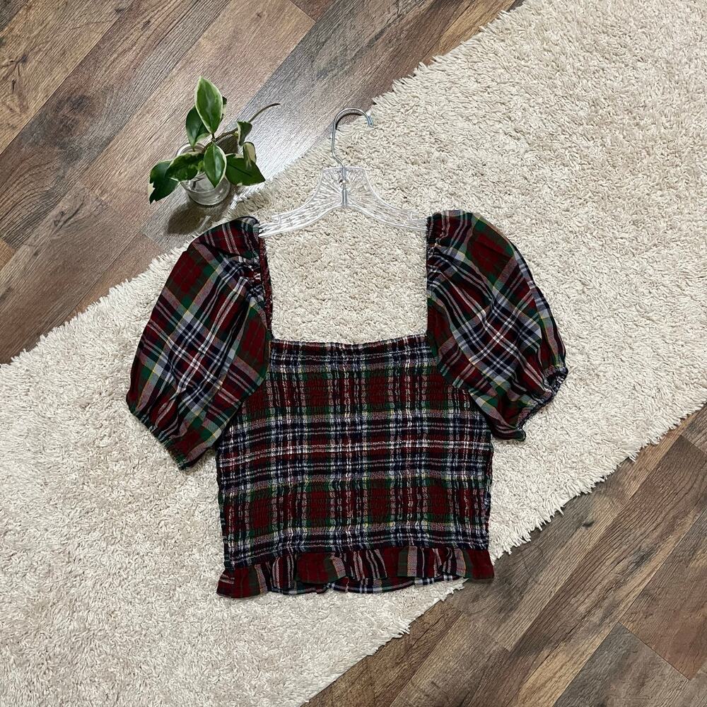 American Eagle Medium Plaid Smock Puff Sleeve Ruffle Square Neckline Top - Picture 6 of 6